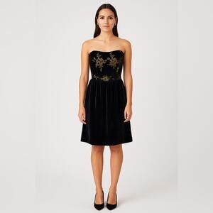 Naf Naf Black Velvet Strapless Fit & Flare Dress with Gold Floral Embroidery